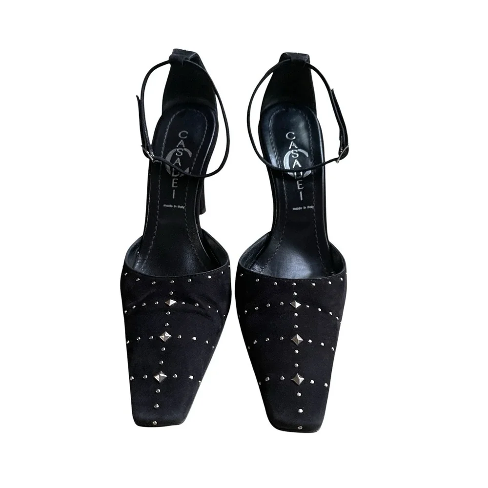 CASADEI Black Suede Studded Pointed Toe Heels Size 6 Made in Italy Retail $348